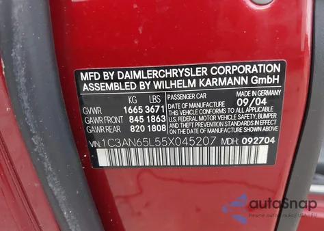 2005 Chrysler Crossfire Limited z USA, uszkodzony, nr VIN 1C3AN65L55X045207